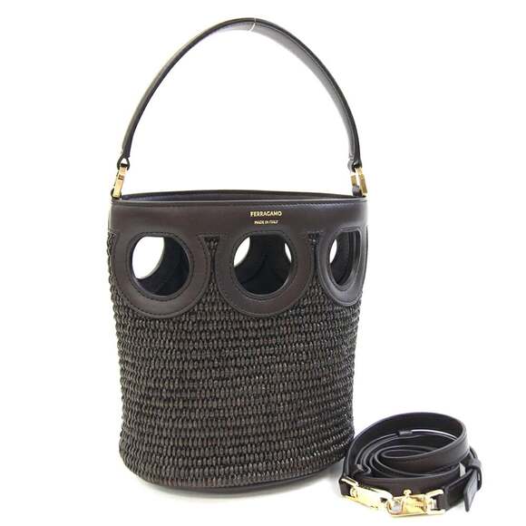 Salvatore Ferragamo Gancini Outline XS Bucket Bag (220952) dark brown raffia...